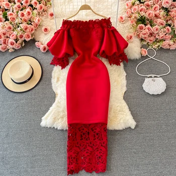 Сексуальное Открытое Кружевное Облегающее Длинное платье, Женское элегантное красное / Розовое / Белое платье с открытыми плечами в стиле пэчворк, Vestidos 2023, Летнее Новое платье