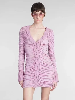 Modphy 2023, Летнее Розовое Сексуальное Новое женское Роскошное платье с V-образным вырезом и длинными рукавами, оборками, облегающее платье для леди, Черное