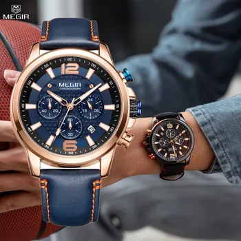 MEGIR Повседневные часы Мужские Военные Спортивные часы люксового бренда Кожаные наручные часы со Светящимся кварцевым хронографом и календарем 2156
