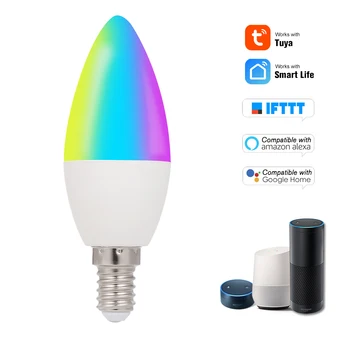 5 Вт E14 WiFi Умная лампа RGB + W + C Светодиодная свеча Лампа с регулируемой яркостью света Пульт дистанционного управления Совместим с Alexa Google Home SmartLife/Tuya