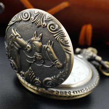 Изысканный Бронзовый Гоночный конь, 3D Резные кварцевые карманные часы, винтажное ожерелье в стиле стимпанк, брелок, цепочка, часы, мужской подарок