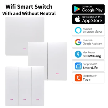 Tuya WiFi Smart Switch Беспроводной кнопочный переключатель 1/2/3 группы Smart Life APP Control Работает с Alexa и Google Home