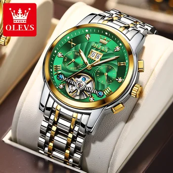 OLEVS 9910 Водонепроницаемые автоматические механические часы для мужчин с ремешком из нержавеющей стали, деловые многофункциональные мужские наручные часы