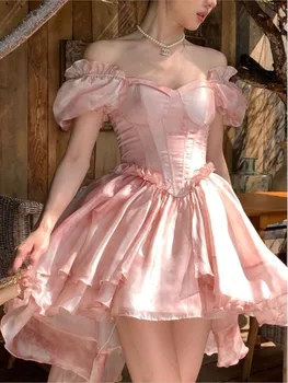 Летнее элегантное платье феи с пышными рукавами и принтом 2023 Года, винтажное женское шикарное платье принцессы, женское праздничное платье с оборками для свадебной вечеринки