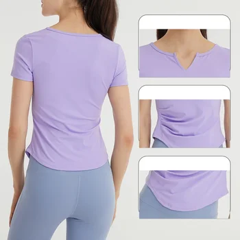 Весенне-летняя женская футболка для занятий йогой с коротким рукавом, тонкая, быстросохнущая, дышащая, спортивная, в складку, выглядит тонкой, для занятий фитнесом, для бега.