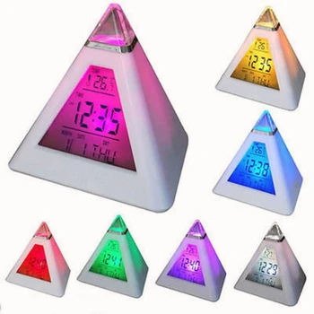 Цифровой светодиодный будильник 7 цветов, Меняющих ночники для рабочего стола Отображение времени Температуры Настольные часы Пирамидальной формы Домашний декор