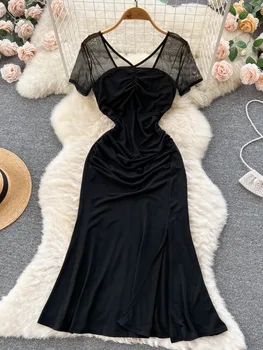 Элегантное женское черное летнее платье Foamlina, сексуальное прозрачное сетчатое лоскутное платье с коротким рукавом и V-образным вырезом, тонкое платье с высокой талией Длиной до колен