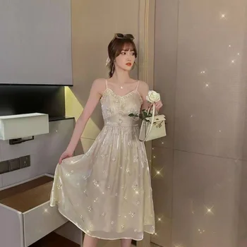 Bella 2021 новое Летнее платье Folral Женское Элегантное Милое платье Миди на бретельках с блестками, Сексуальное Нежное Повседневное Пляжное Корейское платье