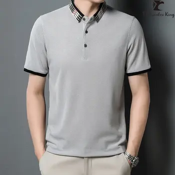Новая мужская повседневная однотонная рубашка-поло с короткими рукавами, деловые футболки-поло с лацканами и сеткой