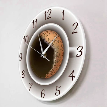 Чашка кофе с пеной, Декоративные бесшумные настенные часы, Декор кухни, Настенная вывеска кофейни, Настенные часы в стиле кафе