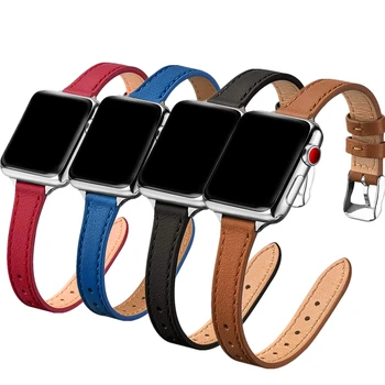 узкий кожаный ремешок для apple watch se 6 40 мм 44 мм band series 5 4 3 38 мм 42 мм женский Тонкий браслет для iwatch bands синий черный