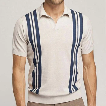 Мужские трикотажные платья в полоску с V-образным вырезом, топы с коротким рукавом, футболка, пуловер, футболка