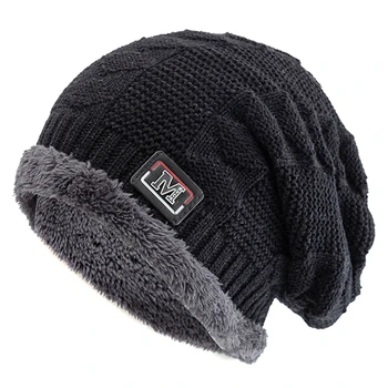 Новая теплая зимняя шапка унисекс, модная вязаная шапка с буквой M на этикетке для мужчин и женщин, толстая лыжная шапочка-капот с меховой подкладкой.