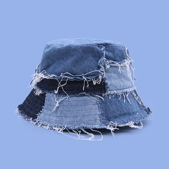 Выстиранная джинсовая панама Женская Рыбацкая шляпа с необработанным краем Мужская модная уличная одежда Японская лоскутная женская кепка Уличная пляжная шляпа от солнца
