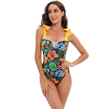 Цельный купальник с тропическим принтом и цветочным рисунком, женский купальник с бантом на плече, широкий ремень, пуш-ап, женский купальный костюм, мягкий монокини, пляжная одежда
