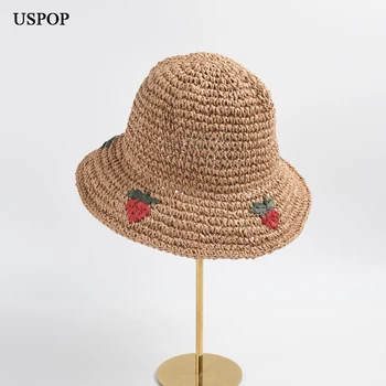Летняя соломенная шляпа ручной вязки с клубникой, женская складная соломенная шляпа с солнцезащитным кремом, пляжная шляпа