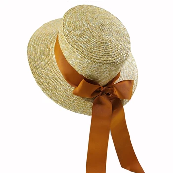 Пляжная шляпа из натуральной пшеничной соломы с защитой от ультрафиолета, Защищающая от Солнца, Черная лента с бантом, Соломенная шляпа-канотье с плоским верхом, Широкая Соломенная шляпа-Канотье