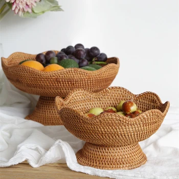 Корзины для фруктов из ротанга, плетеные миски для хранения, сервировочные корзины из натуральной ткани, декоративные корзины для организации кухонного стола