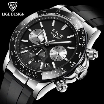Лидирующий бренд LIGE Роскошные мужские часы Спортивный силиконовый хронограф Кварцевые часы для мужчин Наручные часы Водонепроницаемые Relogio Masculino