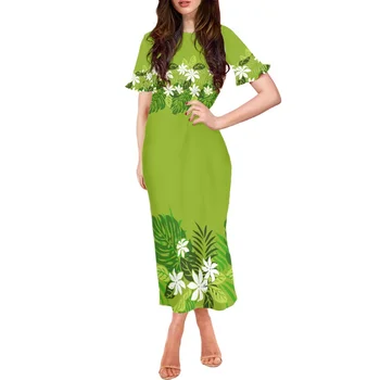 Одежда с принтом пальмовых листьев, мода Традиционного племени, Весеннее Шикарное И элегантное Женское платье с коротким рукавом с оборками и круглым вырезом, Длинное платье