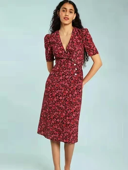 Женское платье миди с V-образным вырезом и принтом красной розы средней длины по специальной цене на весну и лето 2023 г.