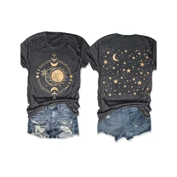 Женские блестящие хлопковые футболки с таинственным принтом фазы Луны от Rheaclots, женские футболки с графическим рисунком, топы