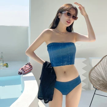 2023 Новый комплект бикини, женский винтажный облегающий купальник в корейском стиле с высокой талией, консервативный купальник из 3 предметов, сексуальная пляжная одежда для колледжа