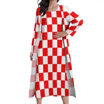 Хорватское платье в шахматном порядке, Красно-Белое Квадратное Милое макси-платье, уличная мода, пляжные длинные платья в стиле бохо, графические платья с длинным рукавом.