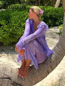 Комплекты платьев Zuzanny из фиолетового шифона с принтом, пляжные наряды для отдыха, топ-рубашки и юбки макси, женские сексуальные облегающие комплекты из двух предметов