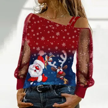 Элегантные женские туники, футболки, Blusa Feminina, Женский модный Повседневный топ в стиле пэчворк с рождественским принтом, открытыми плечами и длинным рукавом.