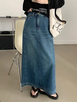 ZHISILAO, Новая Длинная джинсовая юбка, женская винтажная синяя джинсовая юбка трапециевидной формы с высокой талией, Лето 2023 г.