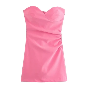 YENKYE Новое модное Женское Розовое платье без бретелек с рюшами, без рукавов, на молнии сзади, женские вечерние мини-сексуальные платья