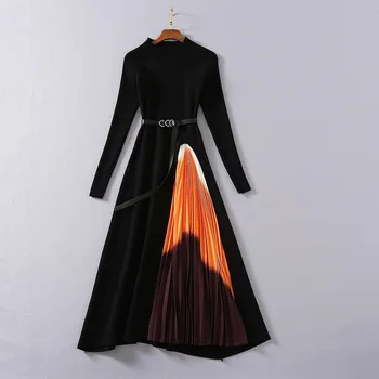 Женское Черное трикотажное платье трапециевидной формы с длинным рукавом и поясом, плиссированный подол в стиле Пэчворк с большими размахами.