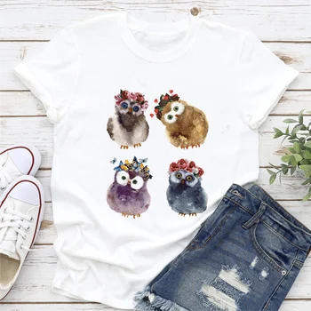 Забавная универсальная одежда для летнего отдыха, женская футболка с принтом милых животных с коротким рукавом, одежда с акварельной росписью и круглым вырезом, милая одежда