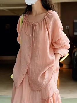 Летняя женская повседневная однотонная рубашка свободного кроя с круглым вырезом и длинным рукавом