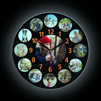 Пользовательские Семейные Фотоколлажи Настенные Часы со светодиодной подсветкой Персонализированные 13 Фотографий Instagram Современный дизайн Настенных часов с Принтом