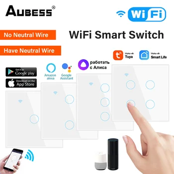 Tuya WiFi Smart Switch 1/2/3/4 Банды Smart Touch Switch Приложение Пульт Дистанционного Управления Без Нейтрального Провода 100-250 В Для Alexa Google Home