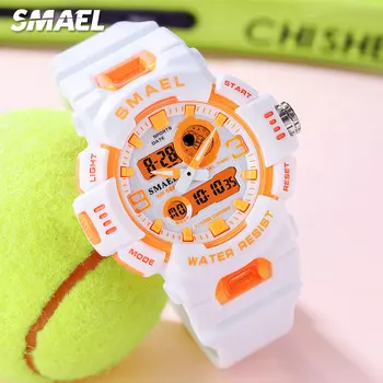 Электронные цифровые часы SMAEL Sport для мужчин Женщин Унисекс Наручные часы с хронографом с двойным дисплеем времени и датой Неделей Белый Оранжевый