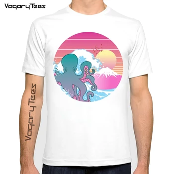 Летняя мужская уличная футболка с забавным принтом Octopus wave Sunset Fuji с коротким рукавом, крутая мужская футболка, повседневная футболка в стиле хип-хоп с круглым вырезом