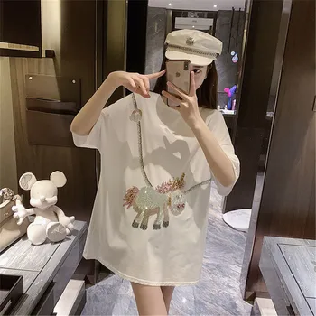 Милая футболка с бриллиантами и пайетками, летняя одежда оверсайз, топы для девочек, бойфренд, забавная футболка с принтом белого медведя в японском стиле Харадзюку, женская футболка