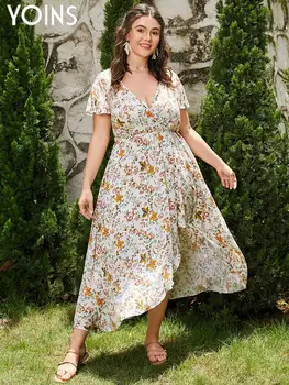 YOINS 2023 Женское платье, лето, Плюс размер, короткий рукав, цветочный принт, повседневные платья, богемный сарафан, V-образный вырез, нерегулярное длинное платье
