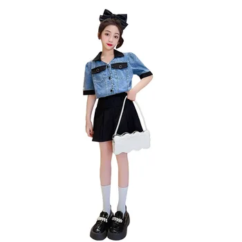 Одежда для девочек, Летний повседневный джинсовый топ с синими отворотами в стиле пэчворк + черная плиссированная юбка, комплект уличной одежды из 2 предметов, от 4 до 14 лет