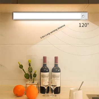 Ультратонкая светодиодная подсветка шкафа с датчиком движения PIR, светодиодная USB-аккумуляторная Подсветка кухонных шкафов из черного алюминия, Светодиодная подсветка для кухни