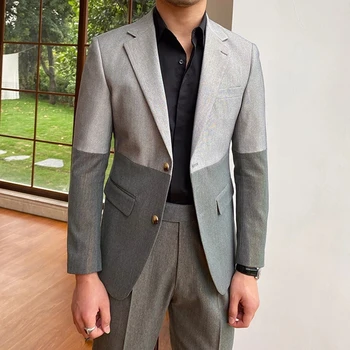 Специальные серые мужские костюмы в стиле пэчворк Slim Fit, 2 предмета, вырез на лацкане, Свадебный костюм жениха на выпускной, повседневная одежда, Блейзер, куртка + брюки