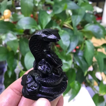 60 мм Натуральный Черный кристалл Обсидиана Змея Резная Статуя Животного Целебная Энергия Каменные поделки для украшения Хэллоуина Подарок 1шт