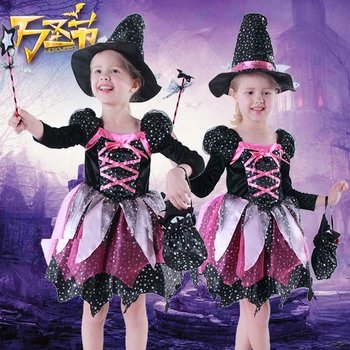 Детский костюм Ведьмы для девочек на Хэллоуин, Карнавальное платье для косплея с блестящими серебряными звездами и остроконечной шляпой-палочкой, нарядная одежда