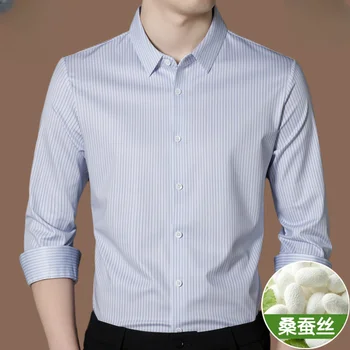 Весенние Мужские Рубашки с длинным рукавом из 100% Шелка Тутового дерева Высокого класса В деловом Стиле Без Следов Железа В Клетку, Повседневная Мужская рубашка Trend Camisa