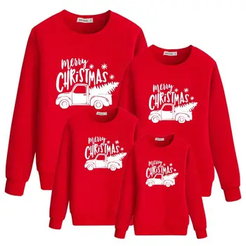 Рождественский свитер Семейный хлопковый свитер Рождественская пижама Семейная Рождественская одежда для мамы и дочки с принтом машины и деревьев
