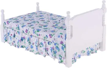 Миниатюрный кукольный домик с синей односпальной кроватью в цветочек, двуспальная кровать в масштабе 1/12