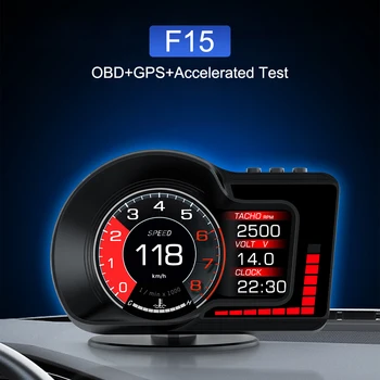 8 цветов, Ускоренный тест, спидометр, датчик оборотов в минуту, 6 Функций сигнализации, автомобильный головной дисплей, OBD GPS, двойная система F15 HUD